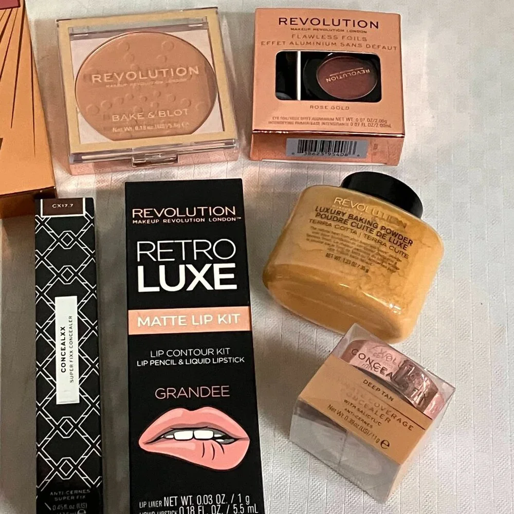 Revolution Makeup Lot OF 10 Concealers Lip Kits Highlighters Powder & More